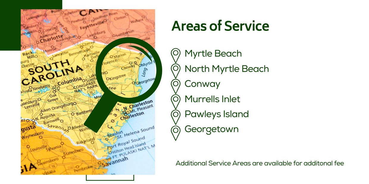 Map highlights service areas in South Carolina including Myrtle Beach and Georgetown.