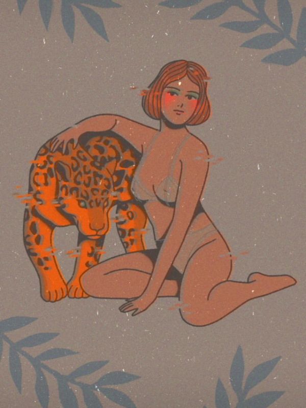 Woman in lingerie sitting with a glowing orange leopard beside her.
