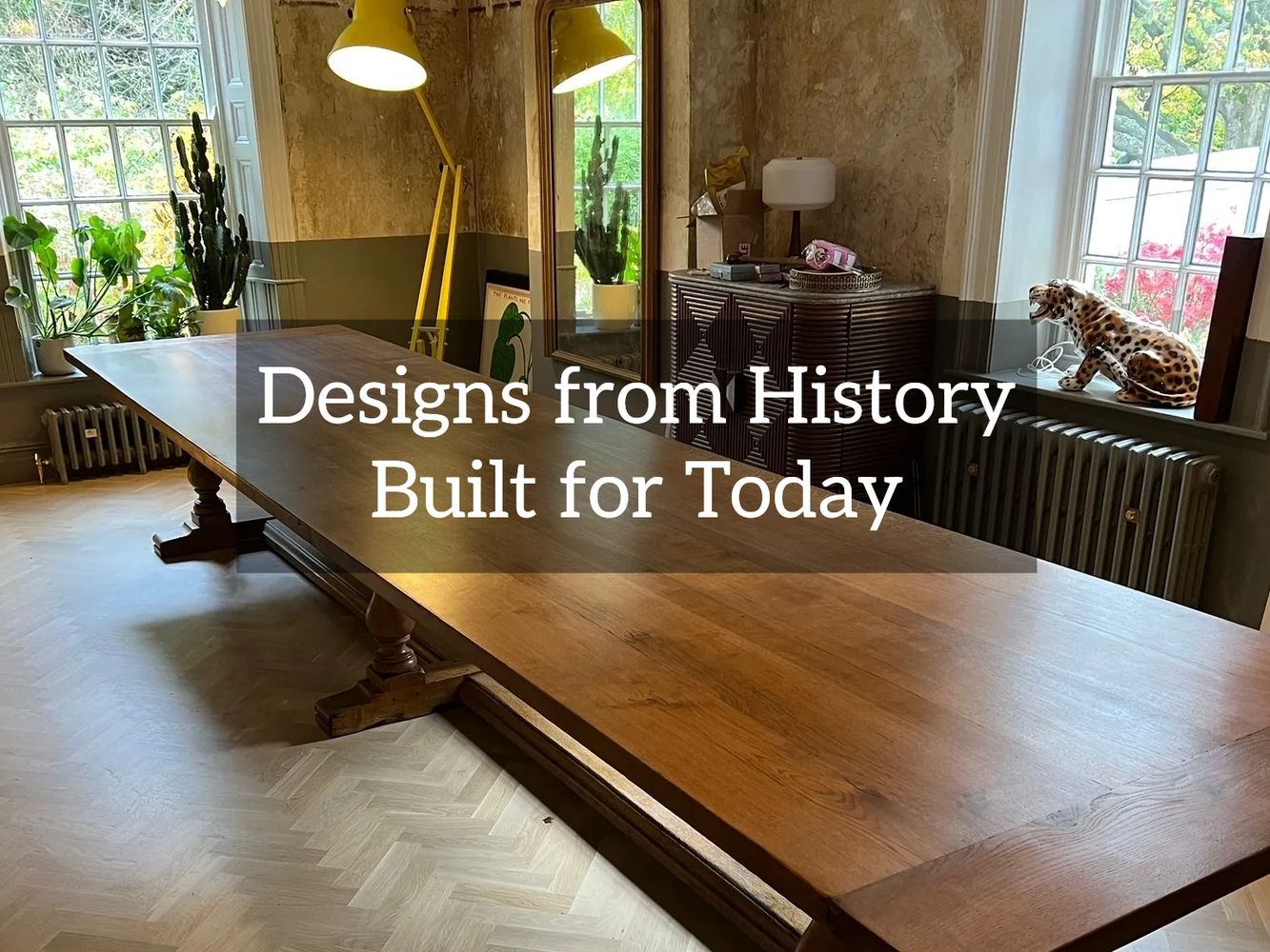 A rustic dining room with a long wooden table and eclectic decor.