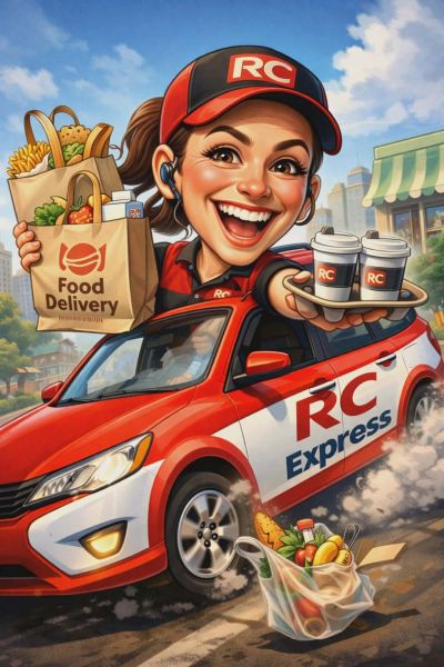 Happy food delivery driver with groceries and coffee in a branded car.