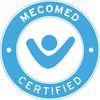 Blue circular MEcomed certified badge with a checkmark figure.