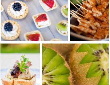 Cream Cheese Mini Tarts, Cajun Shrimp Skewers, Turkey Cranberry Crostini, Kiwi Stars