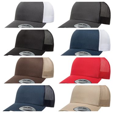 Eight snapback caps in various colors and mesh combinations.