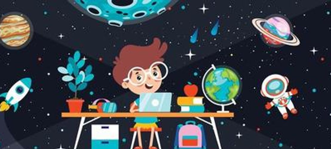 A child studies space and planets at a desk with a laptop and globe.