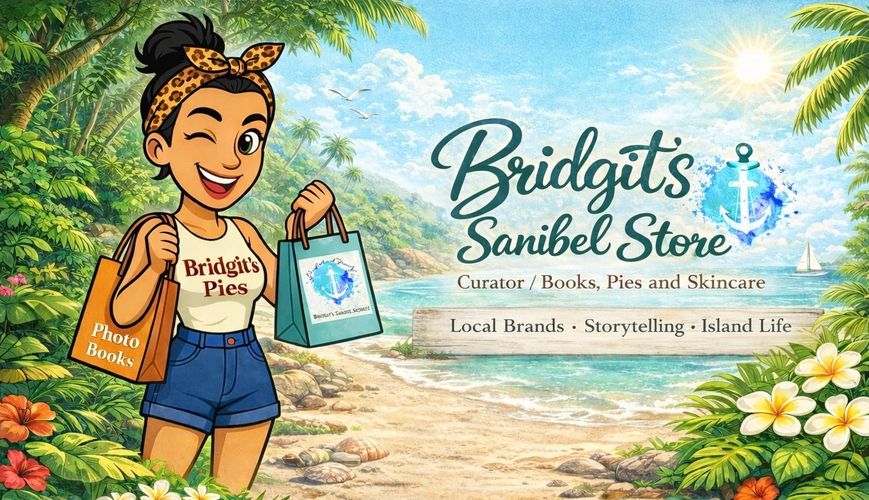 Bridgit on Sanibel Island with books, photo books, pies and skincare Sea Anchored Secrets 