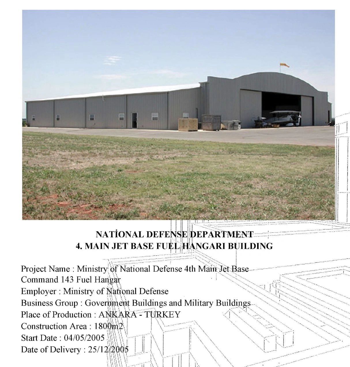 Large military fuel hangar building with an airplane inside under a clear sky.