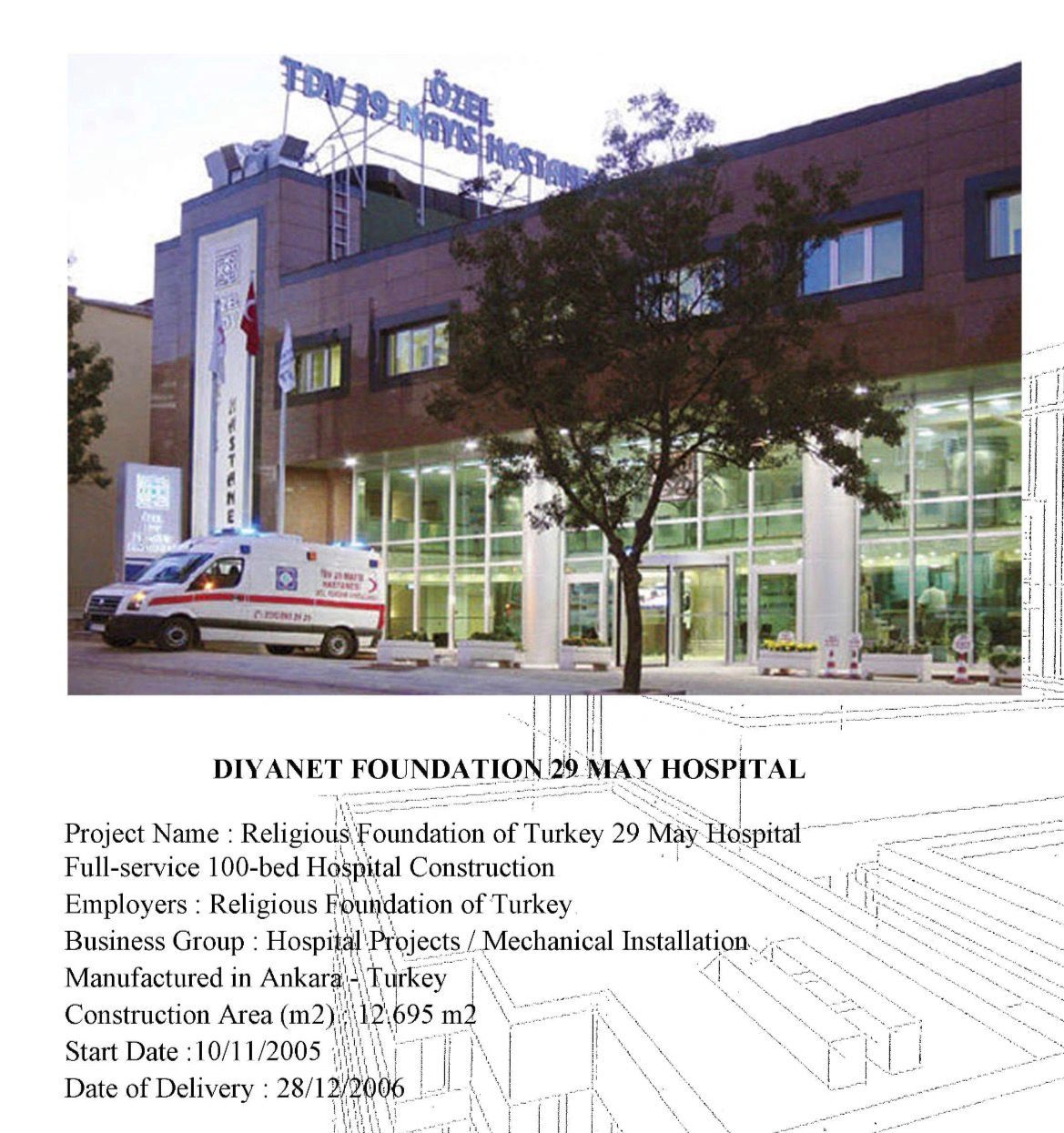Exterior view of Diyanet Foundation 29 May Hospital with an ambulance parked outside.