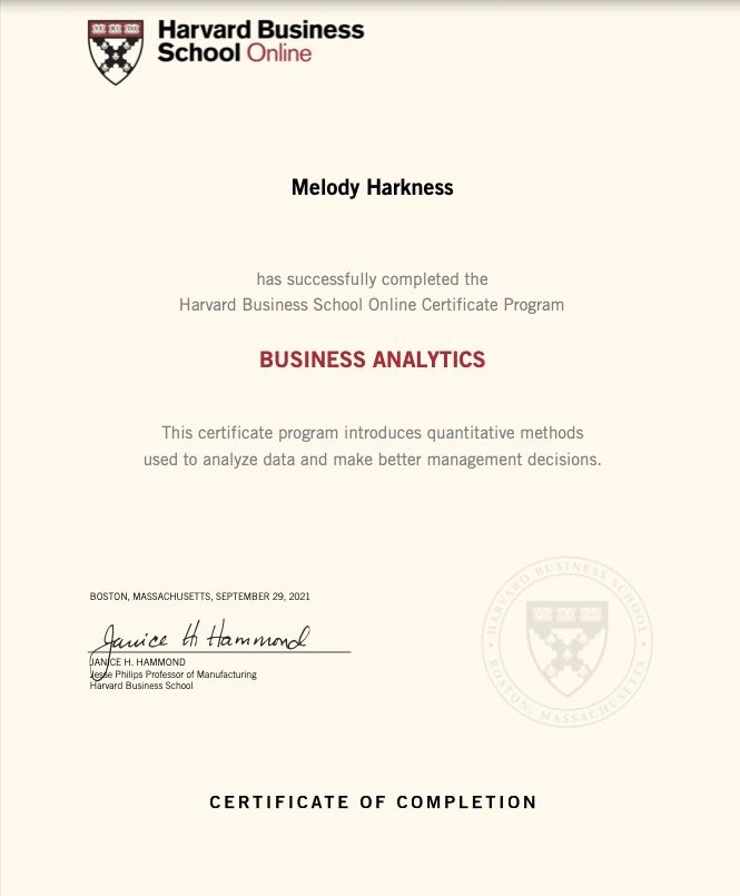 A business analytics certification awarded to Melody Harkness from Harvard Business School Online.