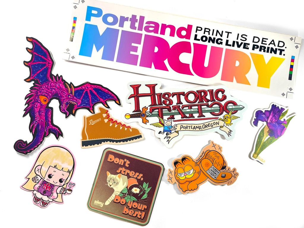 Batch of colorful die cut stickers and bumper stickers