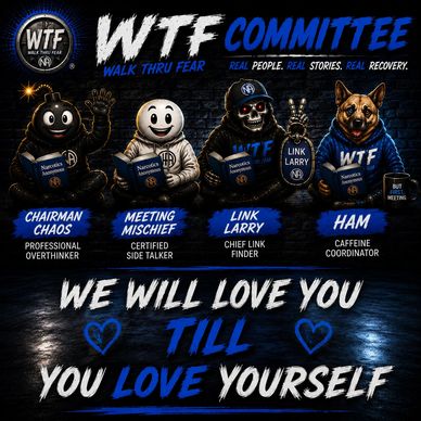 Cartoon characters represent the WTF Committee promoting self-love and recovery.