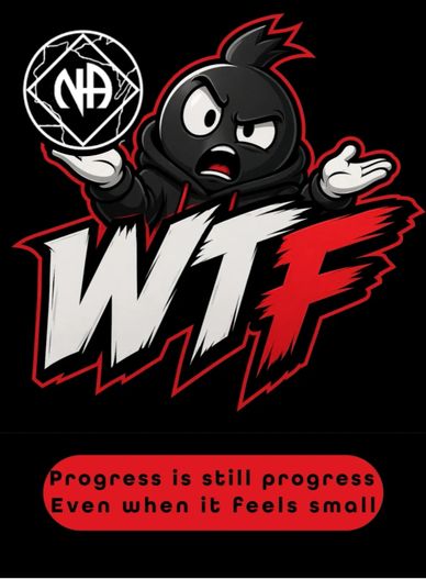 Cartoon character with an acronym and motivational quote on progress.