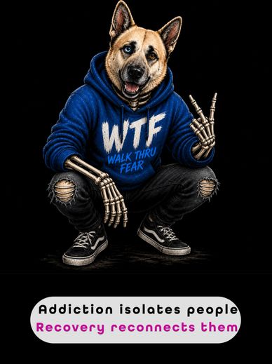 Dog-headed figure in a skeleton hoodie with a recovery message.