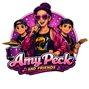 Cartoon band logo featuring Amy Peck and her friends with musical instruments.