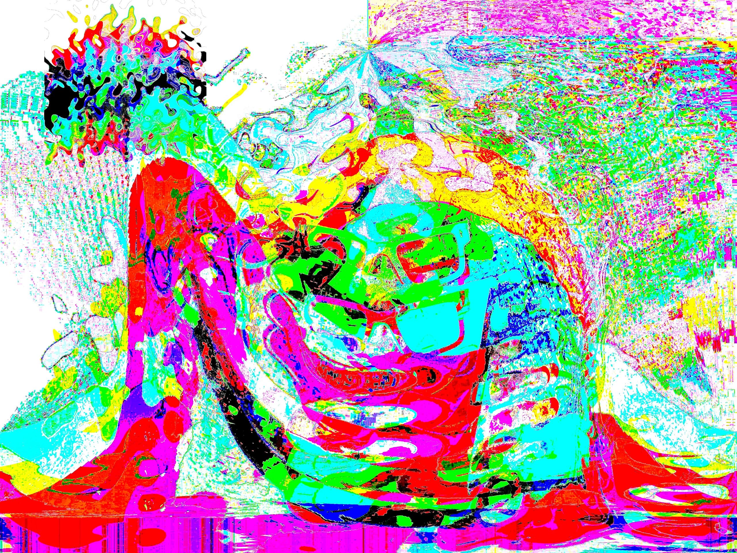 Vivid digital art of a man with glasses in abstract colors.