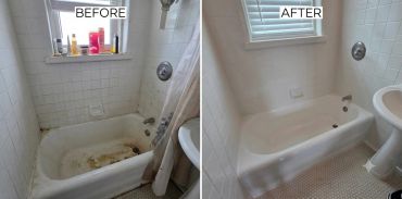 Before and after bathtub cleaning transformation.