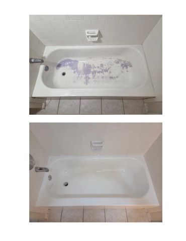 Badly stained bathtub (hair dye) before and after being repaired and refinished.