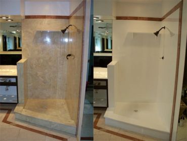 Before and after shower renovation with new white walls.