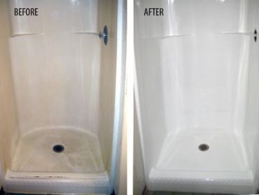 Before and after deep cleaning of a shower area.