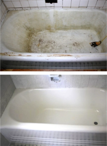 Before and after images of a bathtub cleaning.