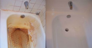 Bathtub before and after cleaning.