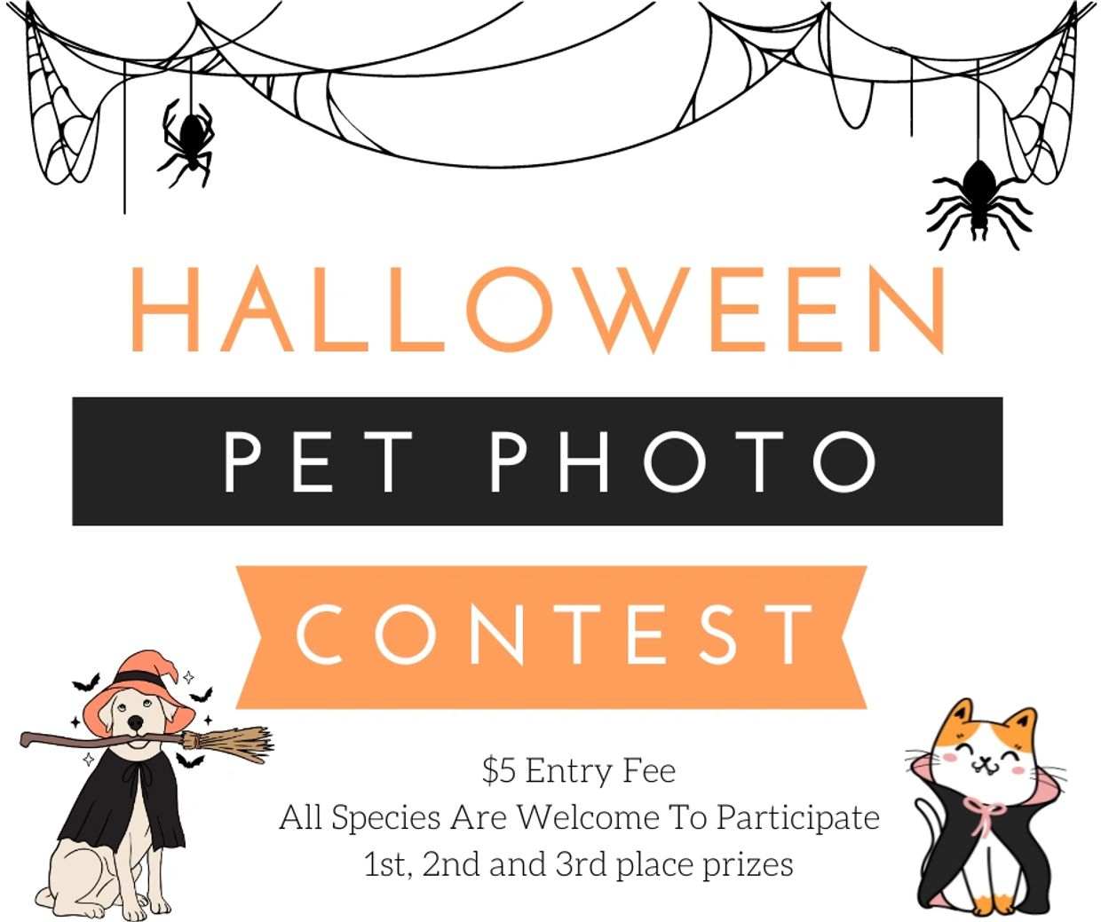 Halloween pet photo contest with $5 entry fee and prizes.