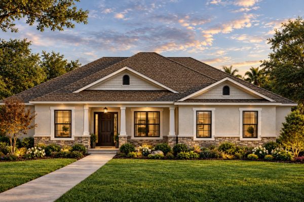 Single-story suburban house with manicured lawn at sunset.