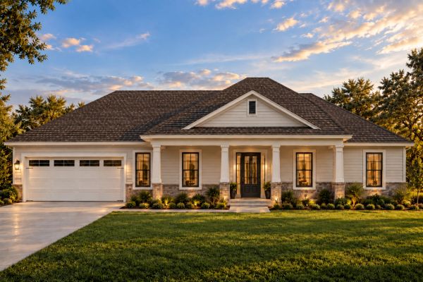 Modern single-story house with a large front lawn at sunset.