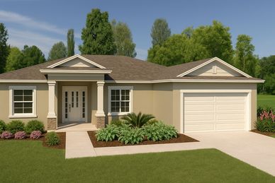 The Oakwood Elevation B with siding gable upgrade and stone columns