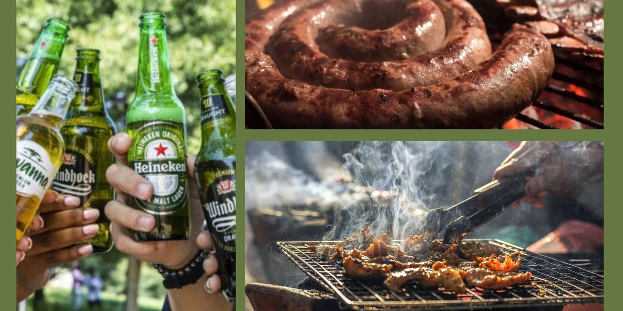 Friends toasting beers and grilling meat outdoors on a sunny day.