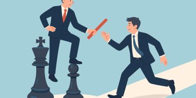 Businessmen passing a baton over chess pieces symbolizing strategy and leadership.