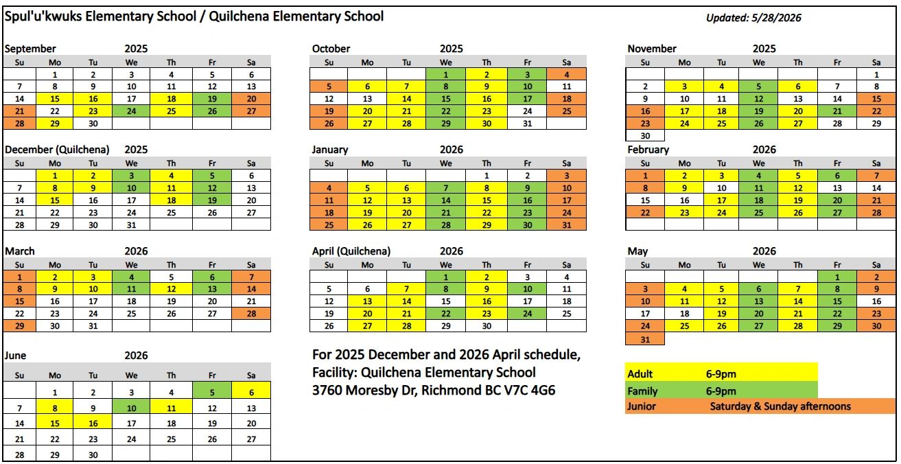 2025-2026 Spul'u'kwuks and Quilchena Elementary School schedule with color-coded adult, family, and junior sessions.