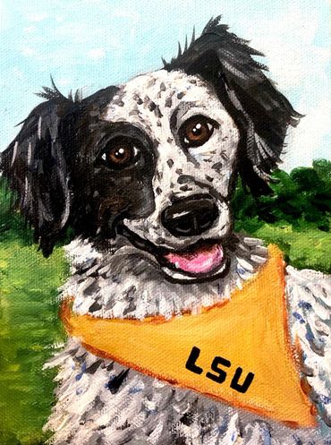 painting of a happy dog playing outside wearing an LSU scarf