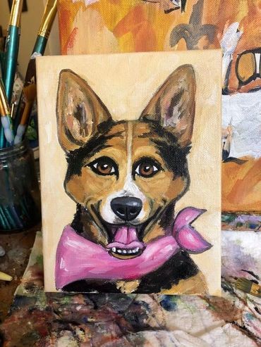 painting of a happy dog with a pink scarf