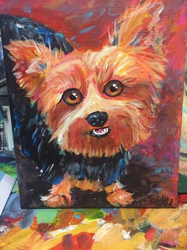 colorful painting of a happy Yorki dog 
Custom pet portrait painting dog cat 
Kate Lee laird art 