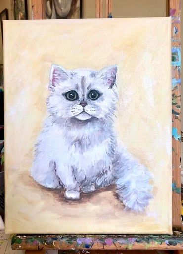 painting of a Persian white cat with big eyes
Custom pet portrait painting dog cat 
Kate Lee laird a