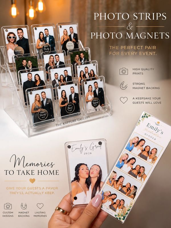Display of photo strips and magnets from events.