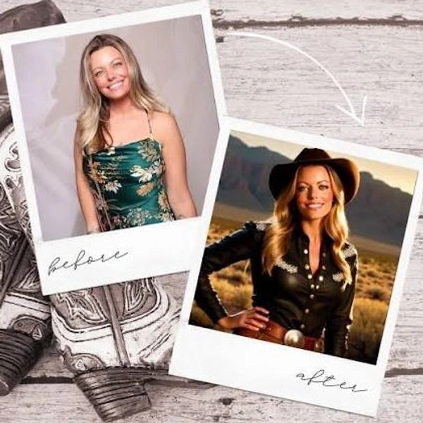 Before and after photos of a woman showing a style transformation from casual to western.