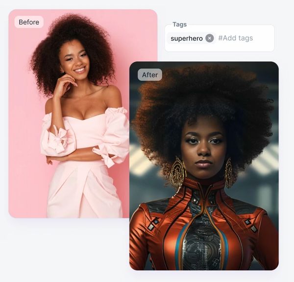 Before and after transformation into a powerful superhero with futuristic attire.