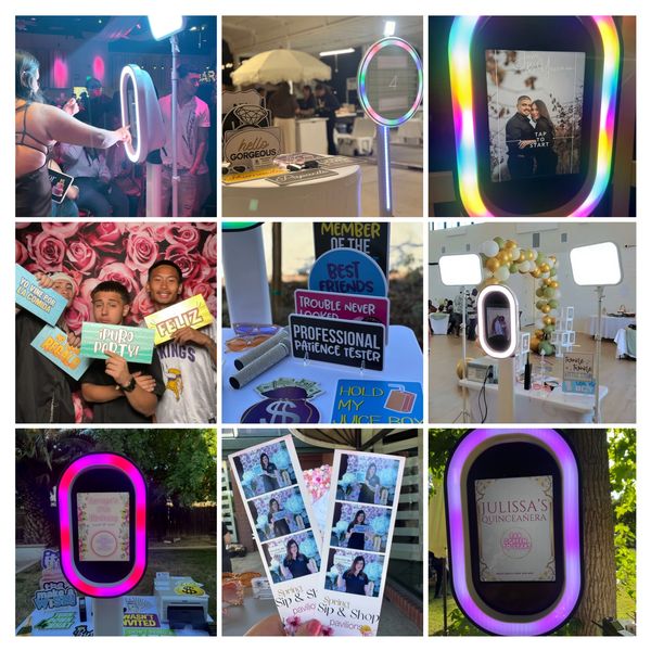 Photo booth with colorful LED lights and event props at various celebrations.