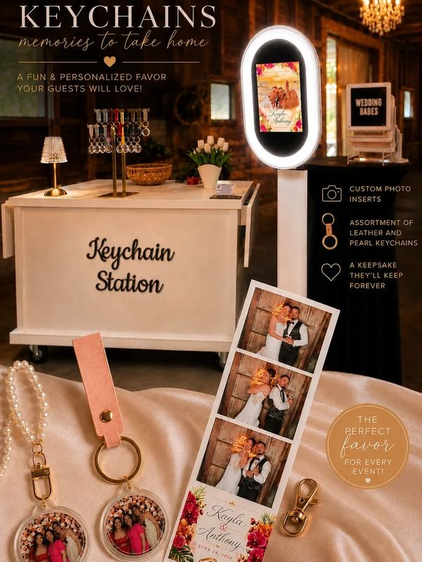 Keychain station with personalized photo favors for events.