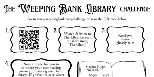 The Weeping Bank Library Challenge with reading tasks and a QR code.