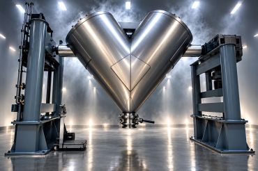 Industrial stainless steel conical mixer in a factory.