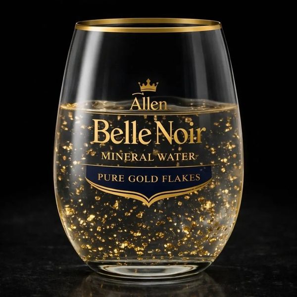 Elegant glass of Belle Noir mineral water with pure gold flakes.