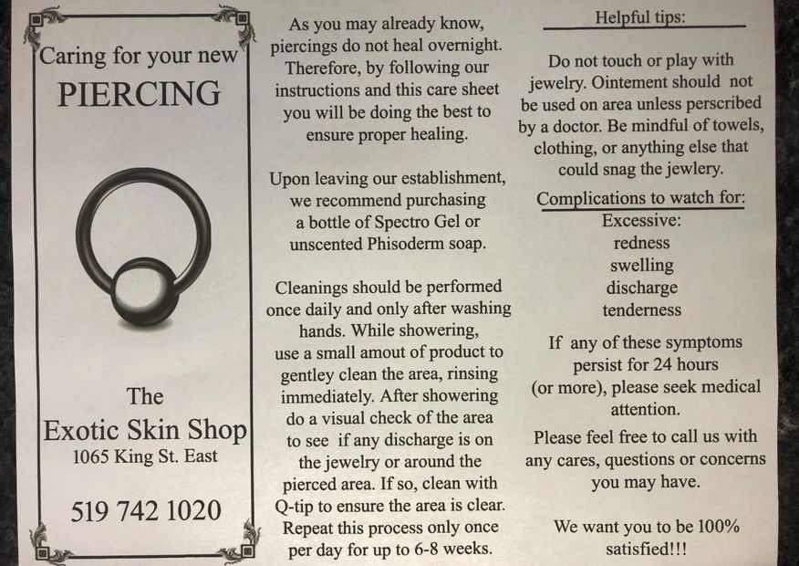 Piercing Care Sheet for Proper Healing of Fresh Piercings