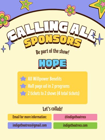 Colorful flyer calling for sponsors with benefits and contact info.