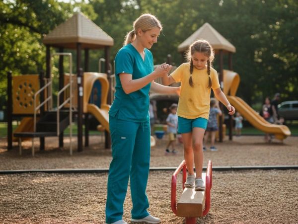 A nurse helps a young girl balance on a playground beam.