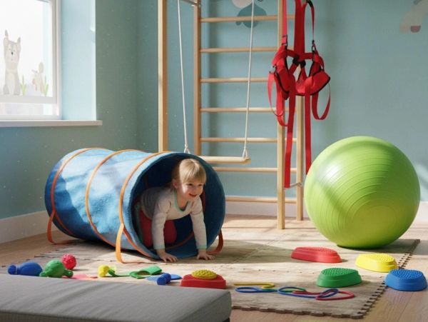 A child playing in a colorful indoor play area with toys and climbing equipment.