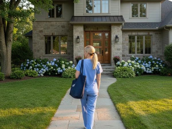 A person in blue scrubs walking towards a house entrance on a sunny day.