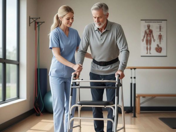 Physical therapist assists elderly man using a walker in rehabilitation center.