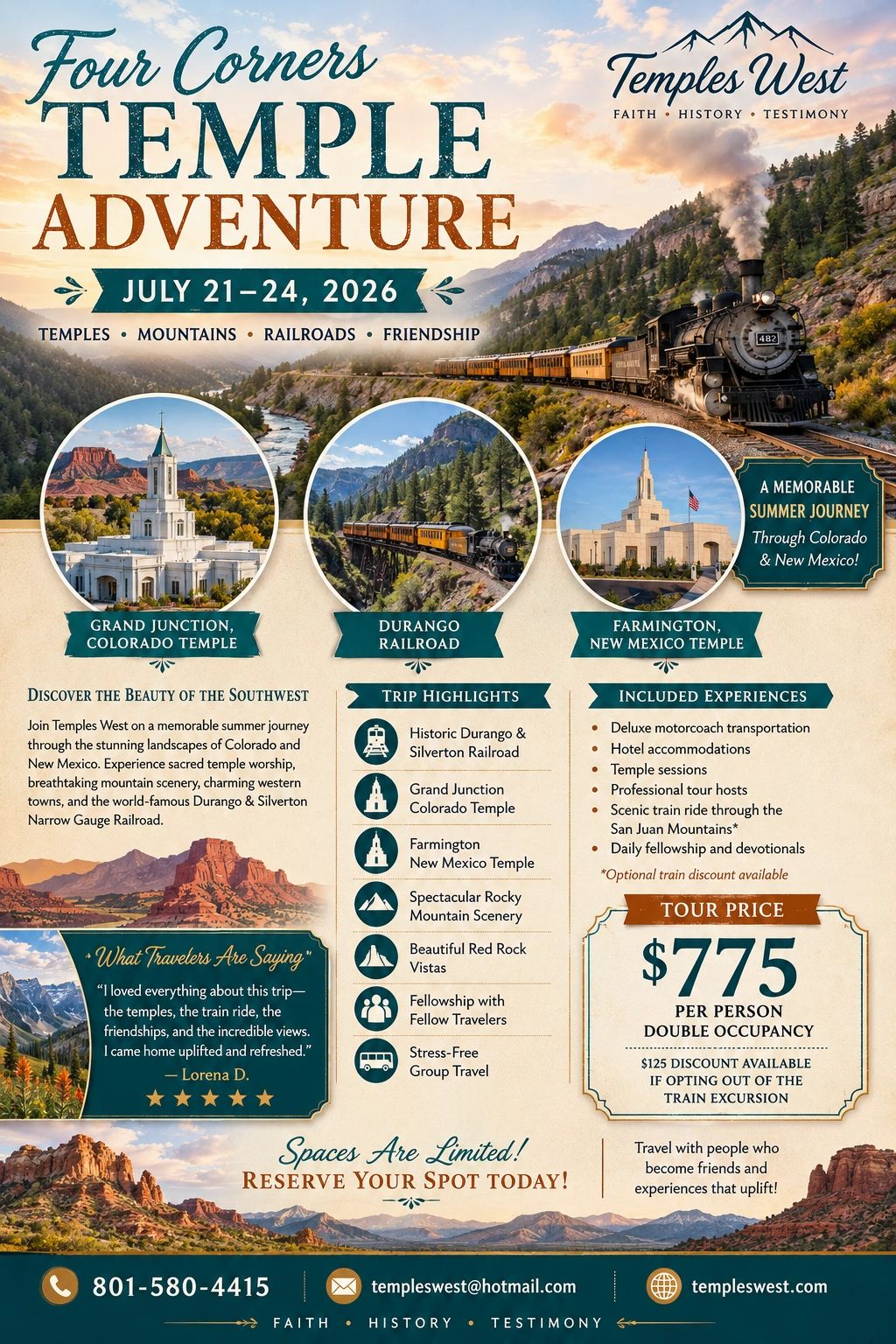 Four Corners Temple Adventure with train rides and temple visits in Colorado and New Mexico, July 2026.